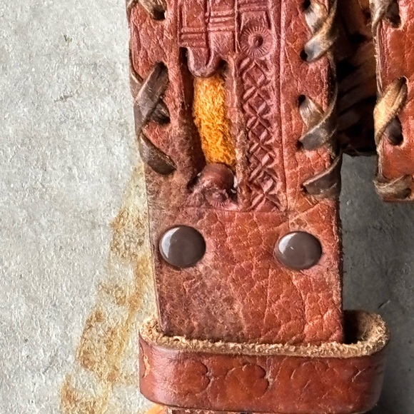 Vintage Tooled Leather Boho Belt Wood Buckle Woven Western Festival Belt Unisex - Picture 4 of 9